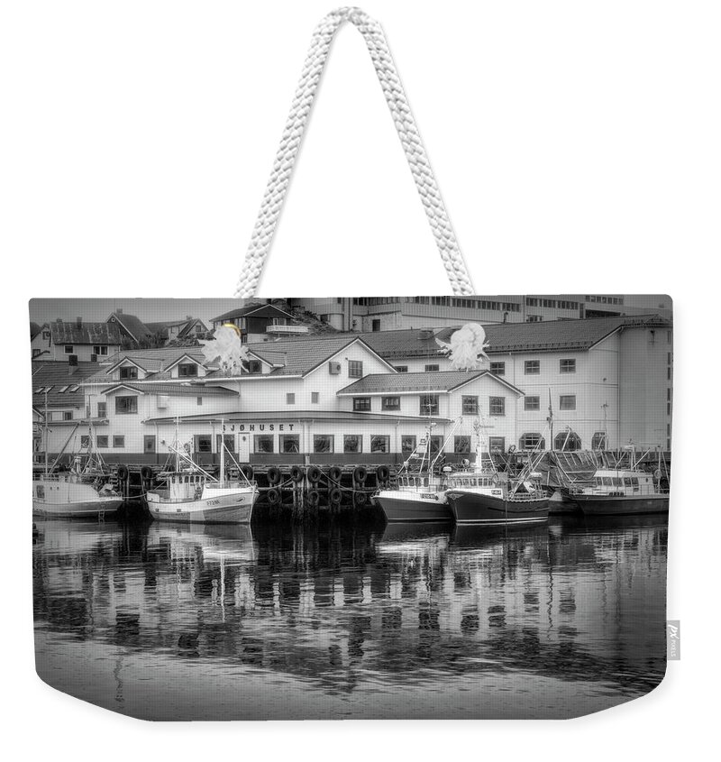 Boats Weekender Tote Bag featuring the photograph The Harbor of Honningsvag Norway #1 by Debra and Dave Vanderlaan