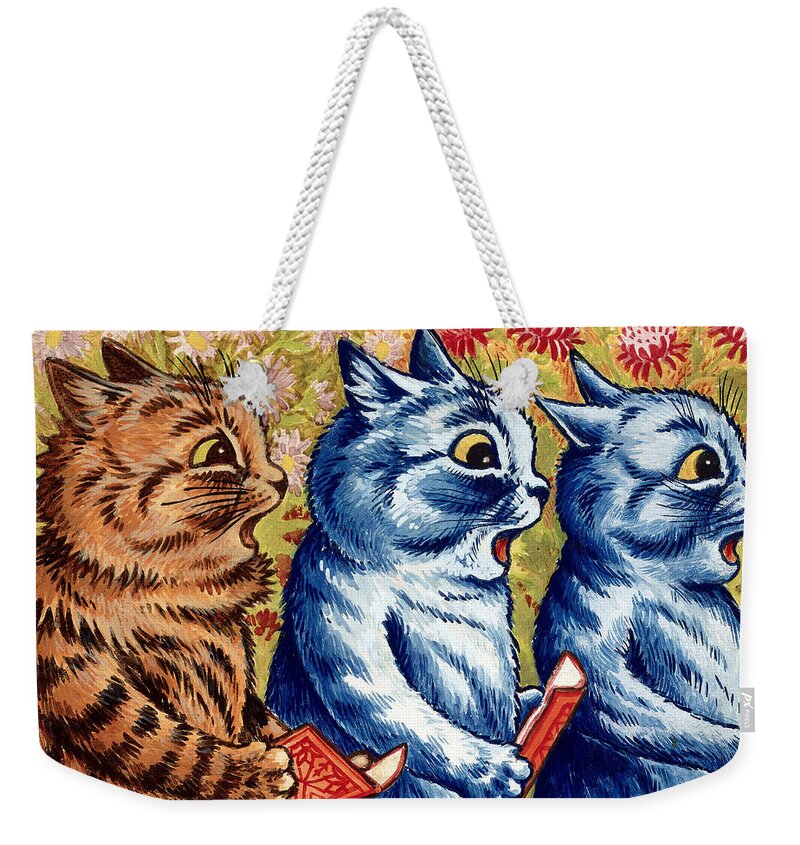 Cats Weekender Tote Bag featuring the painting Three cats Singing #1 by Louis Wain