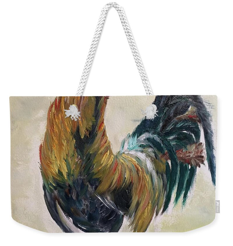 Rooster Weekender Tote Bag featuring the painting Who you calling Chicken by Roxy Rich