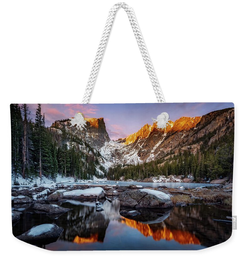Lake Weekender Tote Bag featuring the photograph Winter Sunrise at Dream Lake #1 by David Soldano