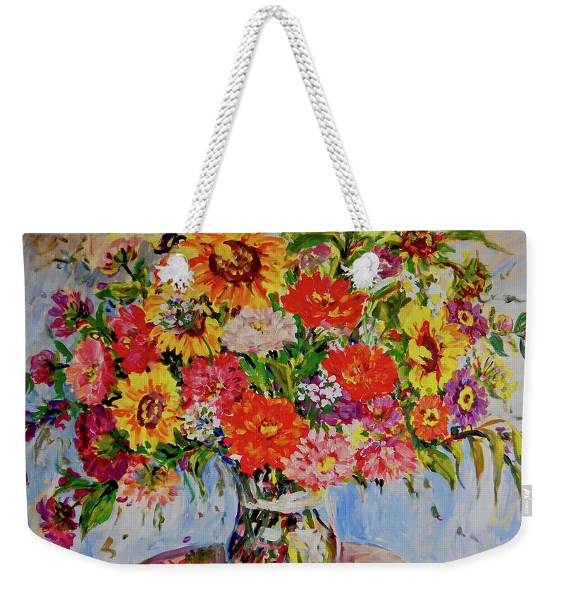 Flowers Weekender Tote Bag featuring the painting Zinnias and Sunflowers #1 by Ingrid Dohm