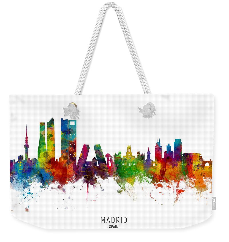 Madrid Weekender Tote Bag featuring the digital art Madrid Spain Skyline #10 by Michael Tompsett
