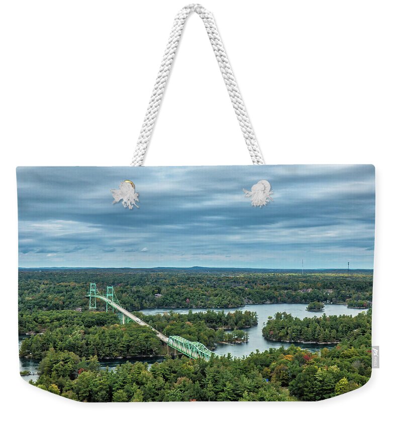 1000 Islands Weekender Tote Bag featuring the photograph 1000 Island View From Tower - Canadian Bridges by Leslie Montgomery