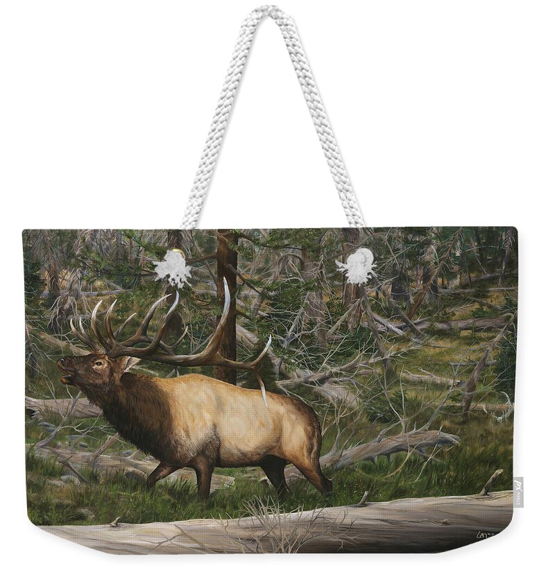 Elk Weekender Tote Bag featuring the painting 12 Yards by Lance Crumley