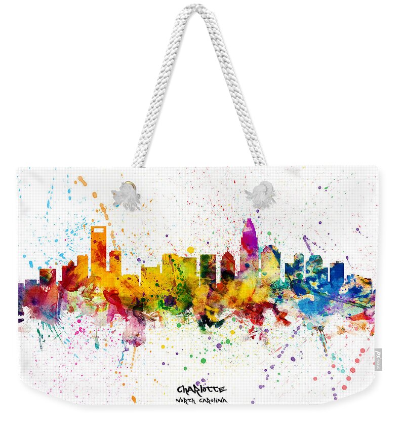 Charlotte Weekender Tote Bag featuring the digital art Charlotte North Carolina Skyline by Michael Tompsett