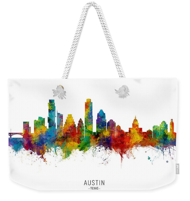 Austin Weekender Tote Bag featuring the digital art Austin Texas Skyline #15 by Michael Tompsett