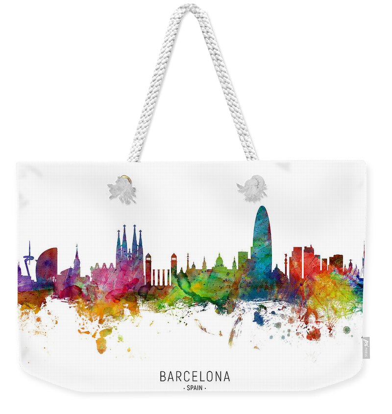Barcelona Weekender Tote Bag featuring the digital art Barcelona Spain Skyline by Michael Tompsett