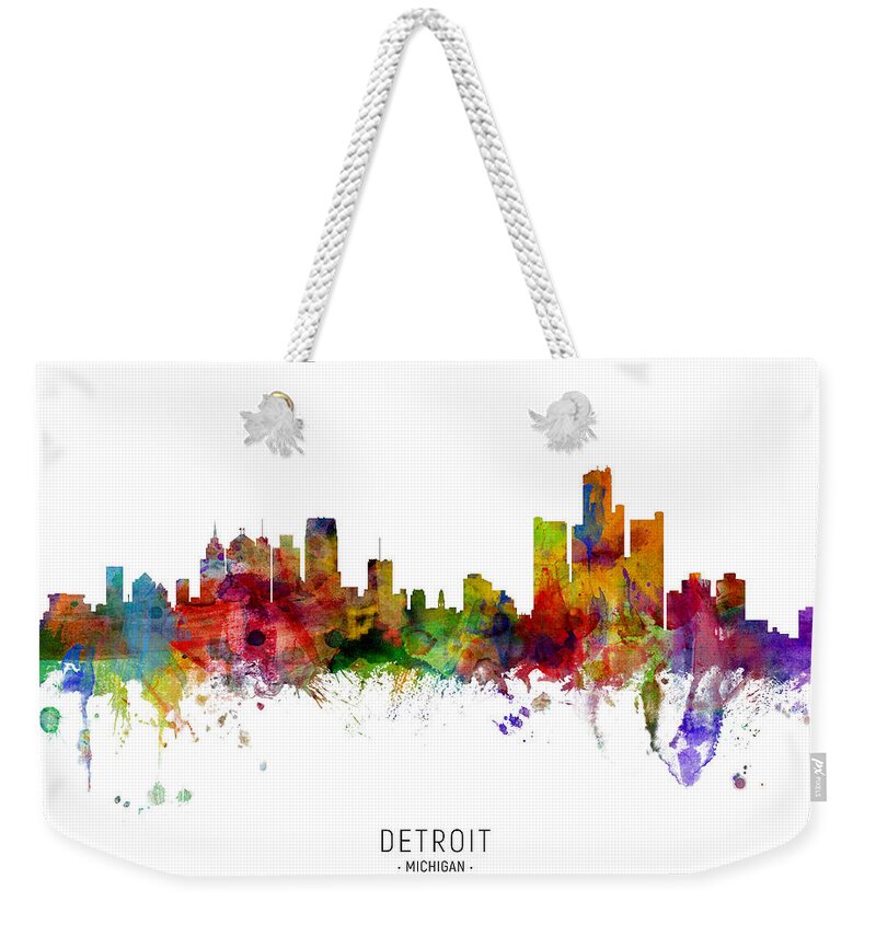 Detroit Weekender Tote Bag featuring the digital art Detroit Michigan Skyline by Michael Tompsett