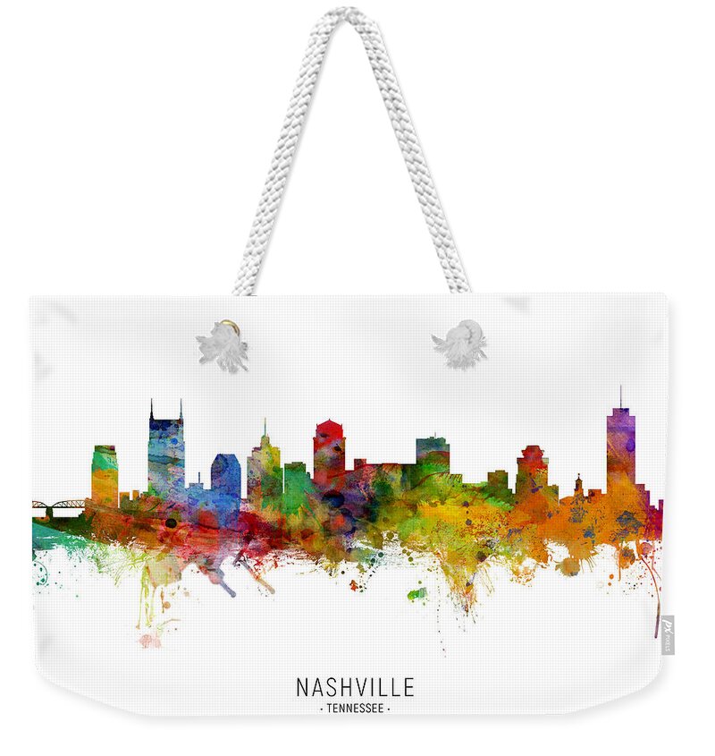 Nashville Weekender Tote Bag featuring the digital art Nashville Tennessee Skyline by Michael Tompsett