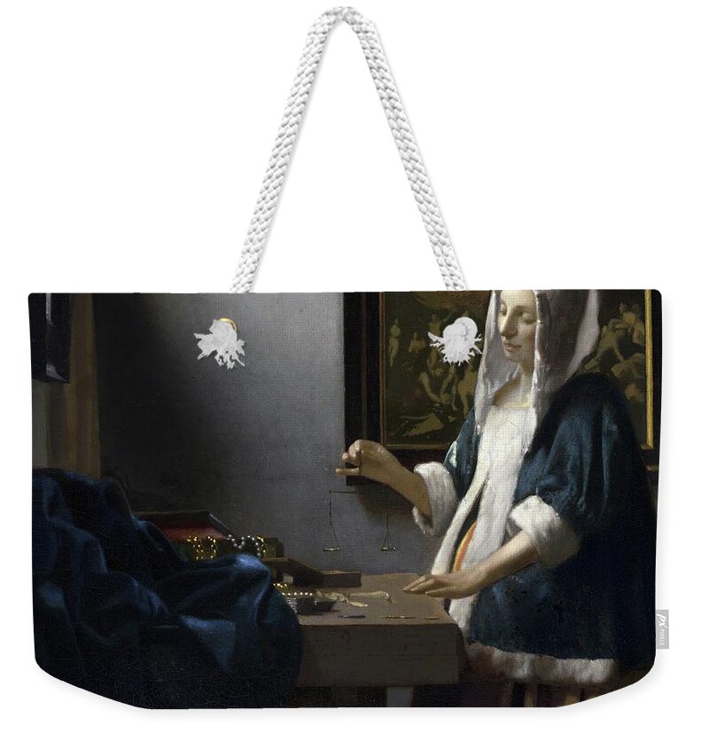Figurative Weekender Tote Bag featuring the painting Woman Holding A Balance by Johannes Vermeer