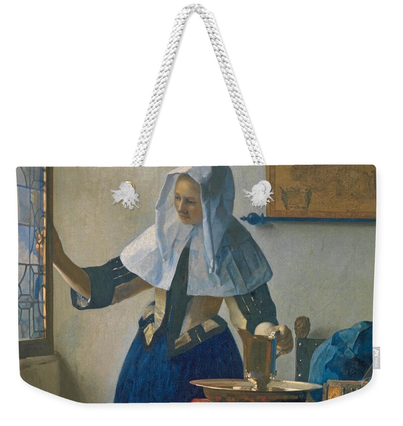 Johannes Vermeer Weekender Tote Bag featuring the painting Young Woman with a Water Pitcher #16 by Johannes Vermeer