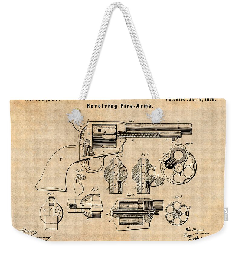 Colt Peacemaker Weekender Tote Bag featuring the drawing 1875 Colt Peacemaker Patent Print Antique Paper #1875 by Greg Edwards