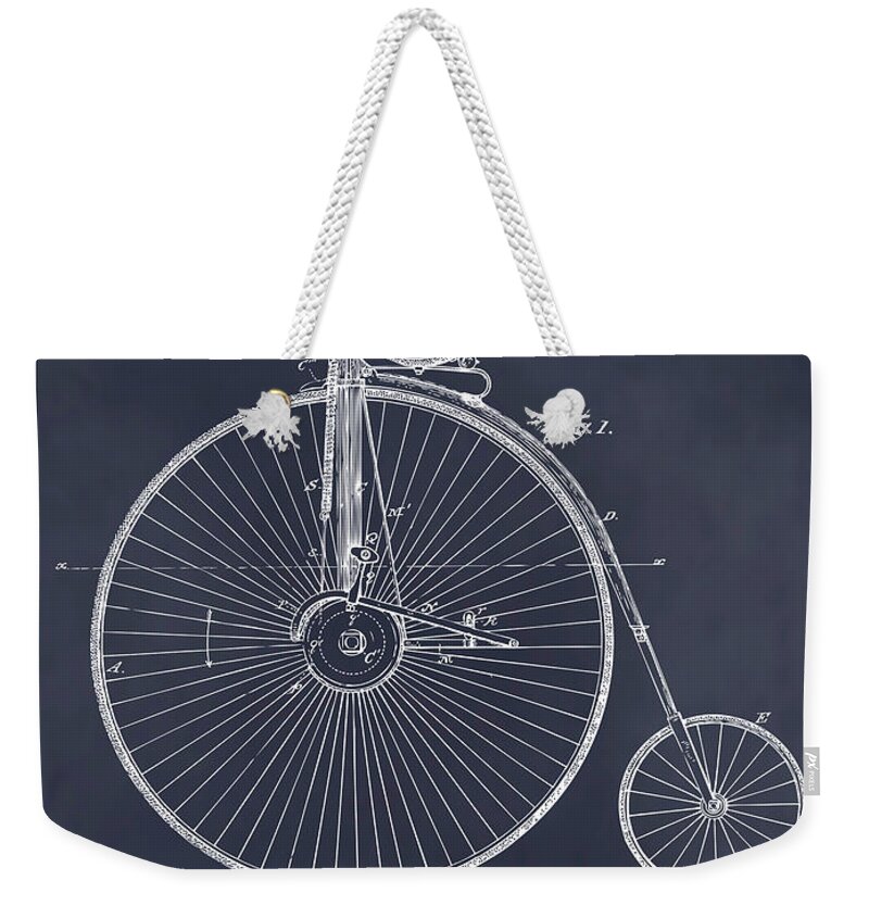 1881 J. A. Mckenzie Velocipede Bicycle Patent Print Weekender Tote Bag featuring the drawing 1881 J. A. McKenzie Velocipede Bicycle Blackboard Patent Print by Greg Edwards