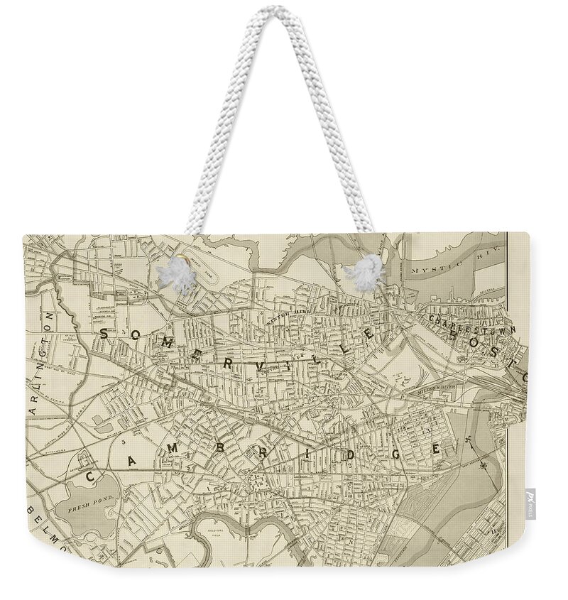 Somerville Weekender Tote Bag featuring the photograph 1892 map of Somerville Cambridge Boston Medford Everett Charleston MA Massachusetts Sepia by Toby McGuire