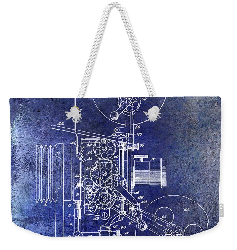 1940 Weekender Tote Bag featuring the photograph 1902 Movie Projecting Patent Blue by Jon Neidert