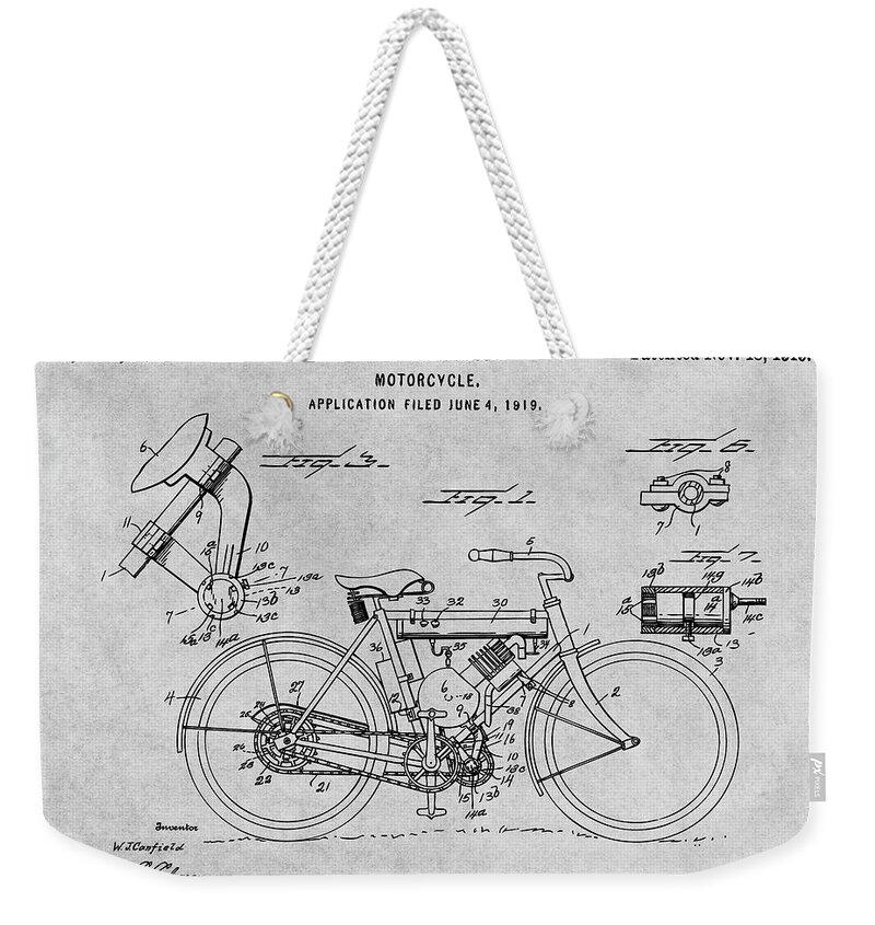 1919 W. J. Canfield Motorcycle Patent Print Weekender Tote Bag featuring the drawing 1919 W. J. Canfield Motorcycle Gray Patent Print by Greg Edwards
