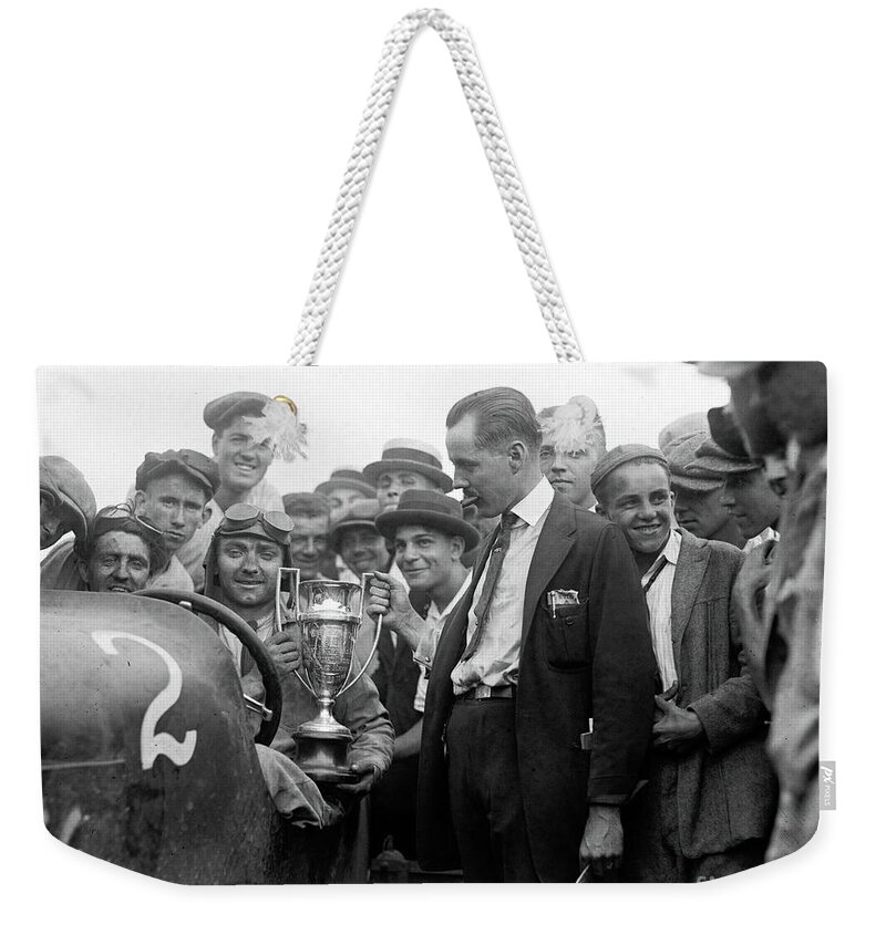 Vintage Weekender Tote Bag featuring the photograph 1920s, Race Winner In Duesenberg With Trophy Cup by Retrographs