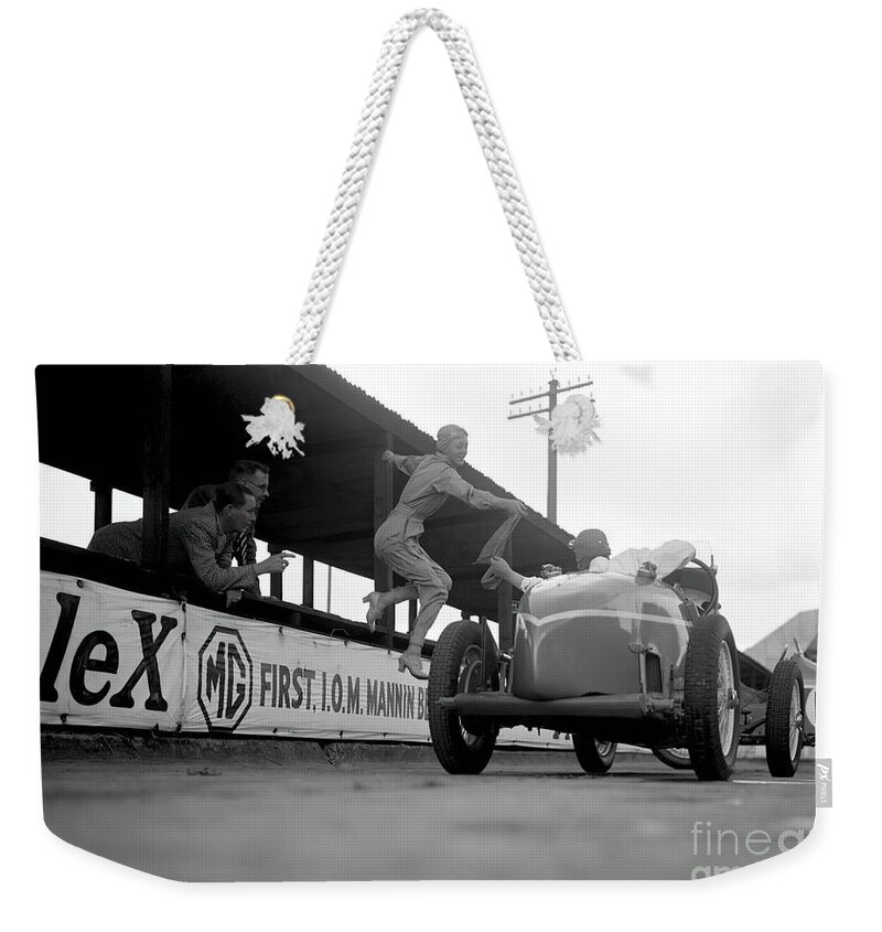 Vintage Weekender Tote Bag featuring the photograph 1920s Woman Riding Mechanic Jumping In Race Car At Brooklands by Retrographs