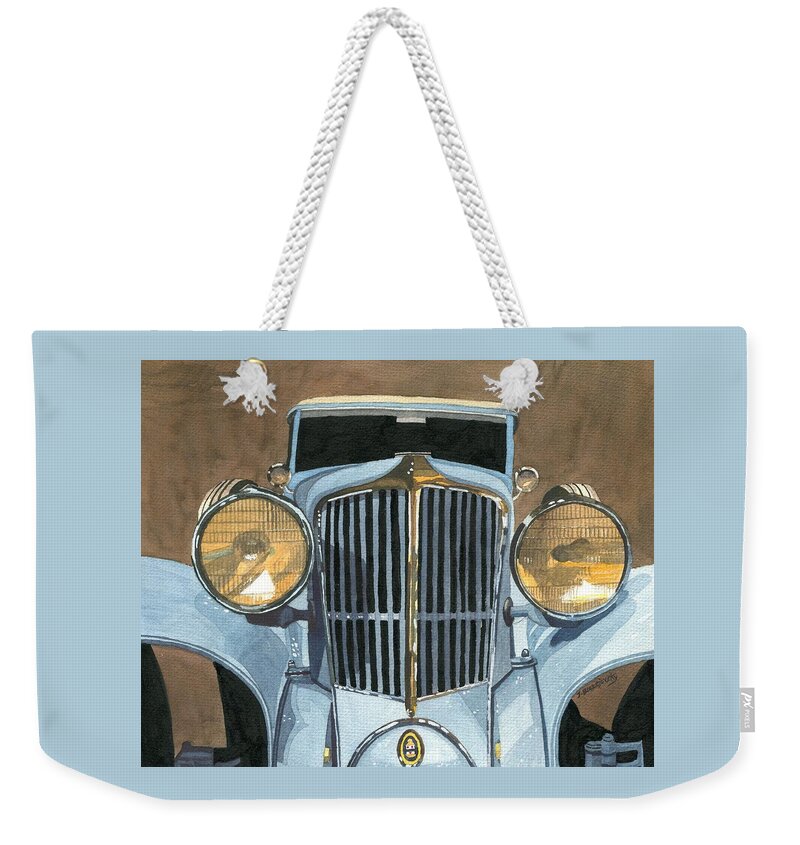 Cord Weekender Tote Bag featuring the painting 1930 Cord by Jeff Blazejovsky