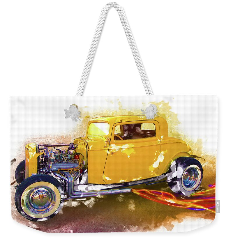 32 Ford Yellow Weekender Tote Bag featuring the digital art 1932 Ford Hotrod by Rick Wicker