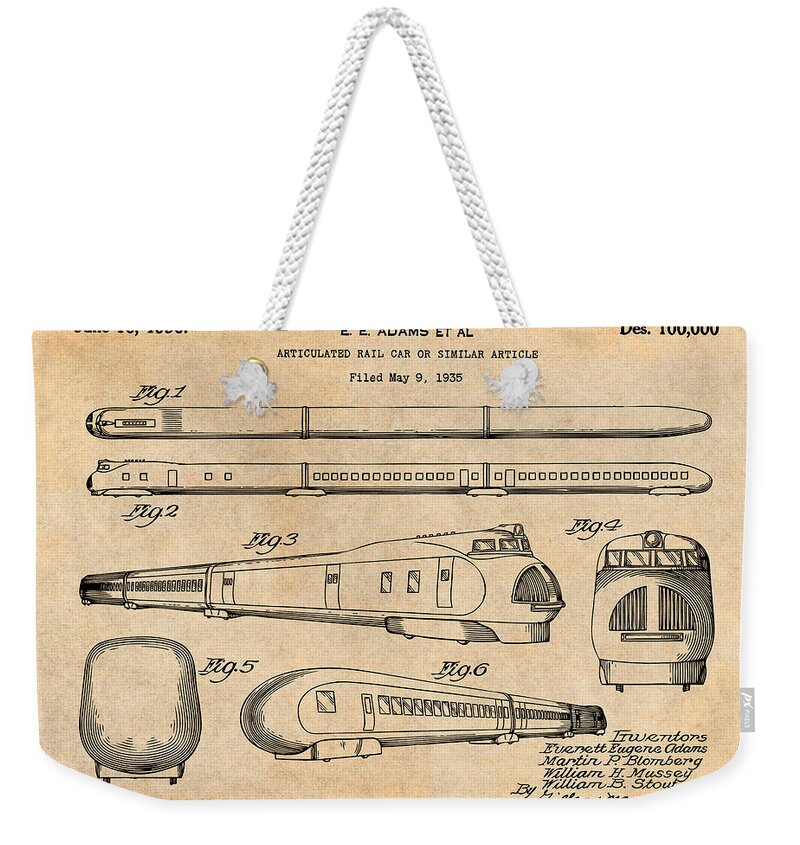 1935 Union Pacific M-10000 Railroad Patent Print Weekender Tote Bag featuring the drawing 1935 Union Pacific M-10000 Railroad Antique Paper Patent Print by Greg Edwards