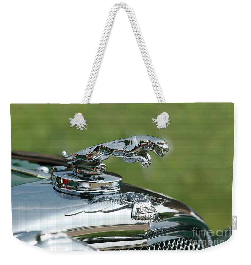 Vintage Weekender Tote Bag featuring the photograph 1936 Jaguar Ss Flying Car Hood Ornament by Lucie Collins