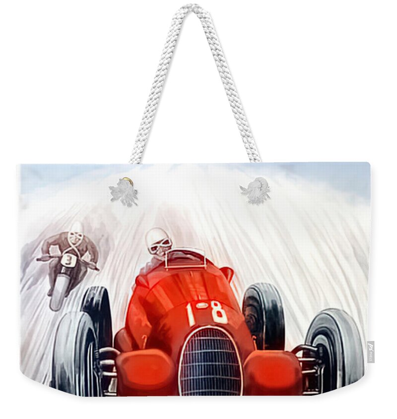 Vintage Weekender Tote Bag featuring the mixed media 1939 Grand Prix Of Zurich Featuring Alfa Romeo 8c2900b by Retrographs