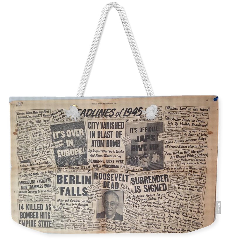 1945 Weekender Tote Bag featuring the photograph 1945 Headlines by Marty Klar