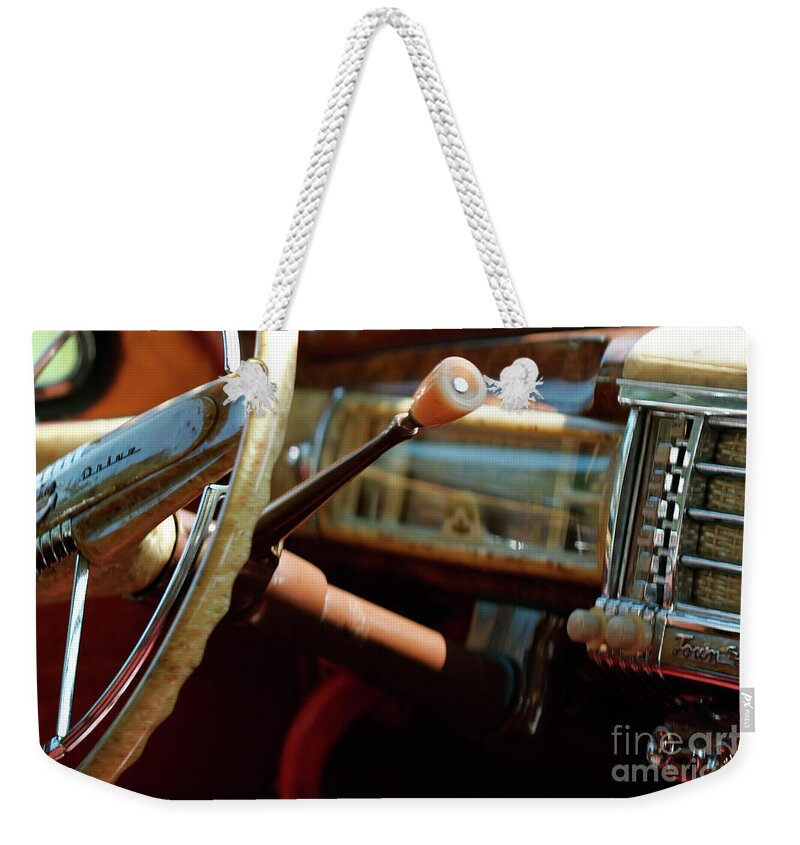 Vintage Weekender Tote Bag featuring the photograph 1948 Chrysler town and country dashboard detail #1948 by Lucie Collins