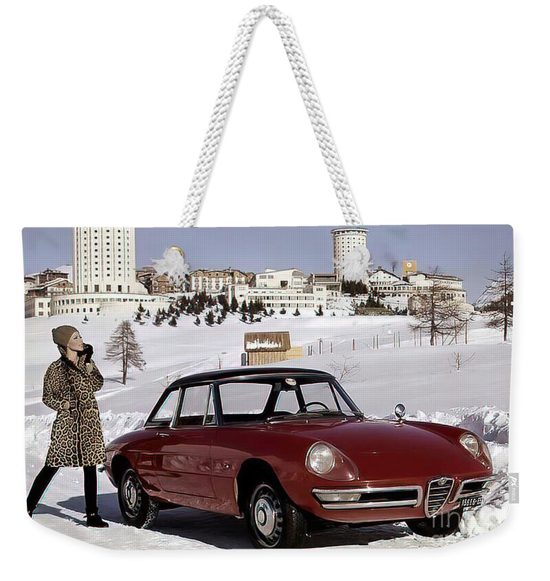 Vintage Weekender Tote Bag featuring the photograph 1955 Alfa Romeo With Fashion Model In Snow Setting by Retrographs