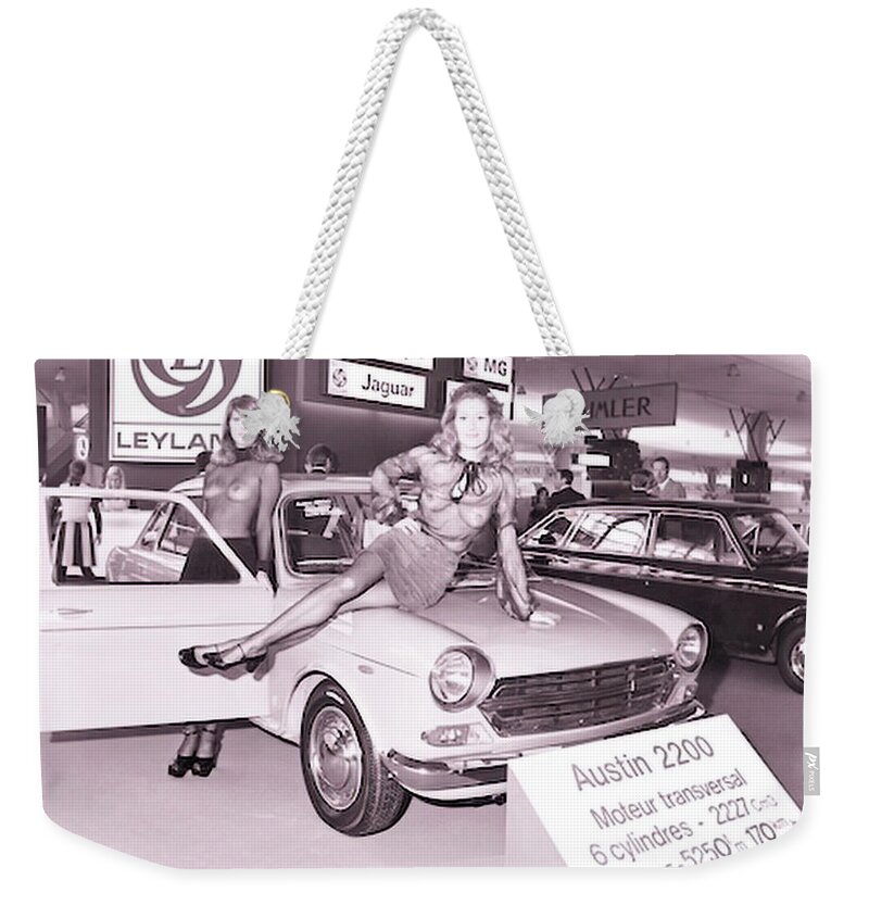 Vintage Weekender Tote Bag featuring the photograph 1960s Motor Show Austin 2200 With Women In See Thru Clothes by Retrographs