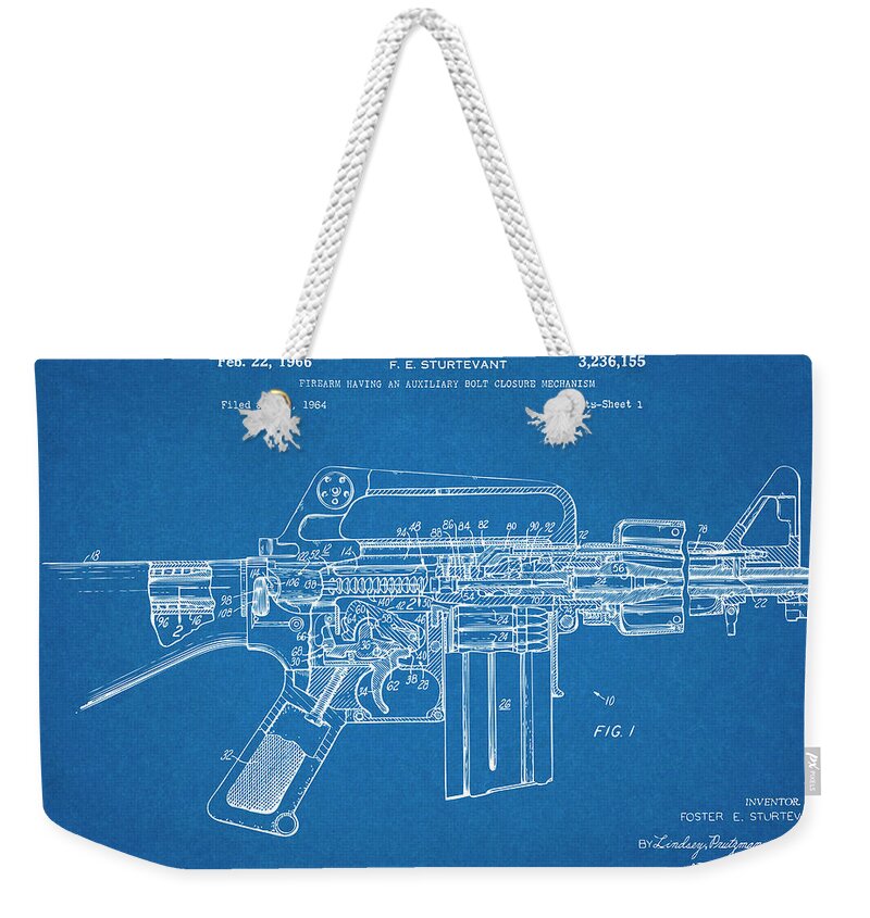 Ar15 Weekender Tote Bag featuring the drawing 1966 AR15 Assault Rifle Patent Print, M-16, Blueprint by Greg Edwards