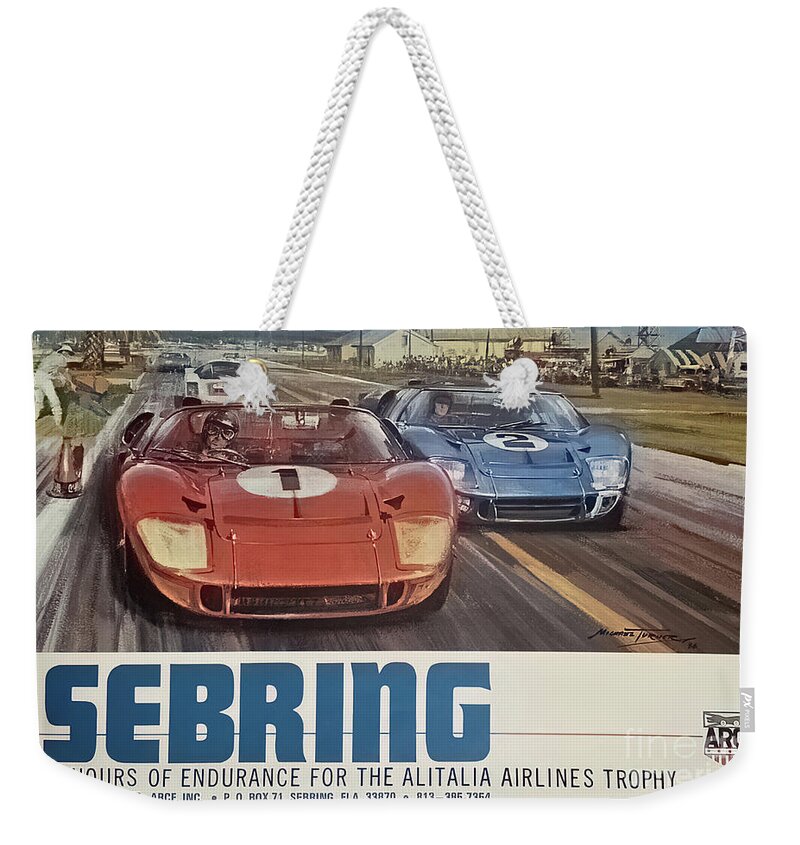 Vintage Weekender Tote Bag featuring the mixed media 1967 Sebring Race Poster Featuring Ford Gt40 by Retrographs