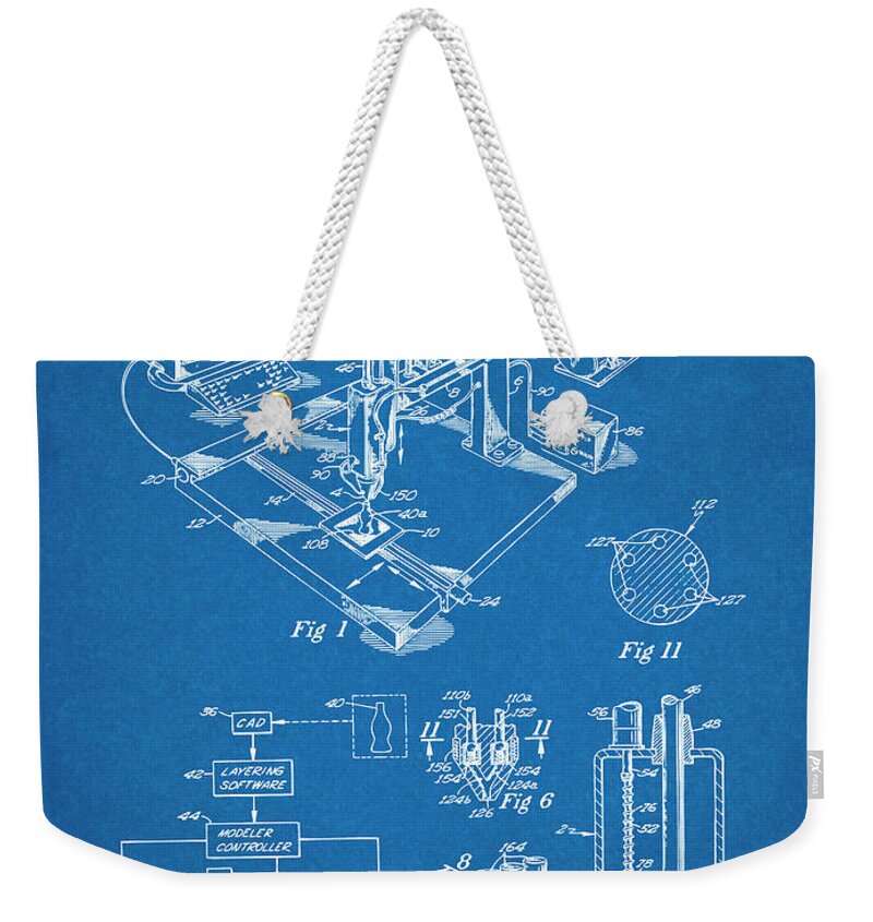 3d Printer Weekender Tote Bag featuring the drawing 1992 3D Printer Patent Print Blueprint by Greg Edwards