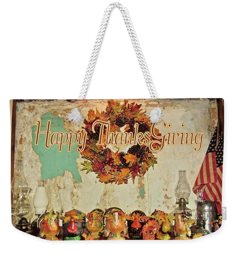 Turkeys Weekender Tote Bag featuring the mixed media Happy Thanksgiving #2 by Nancy Patterson
