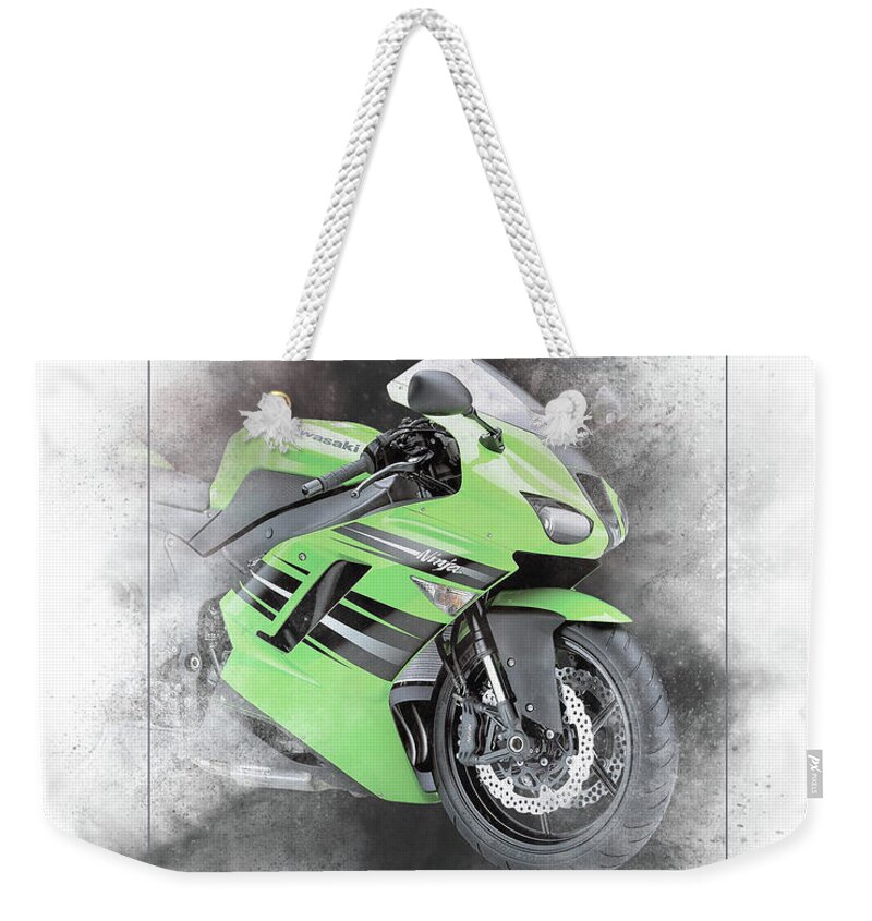 Kawasaki Weekender Tote Bag featuring the mixed media Kawasaki Ninja ZX-14 Painting #2 by Smart Aviation