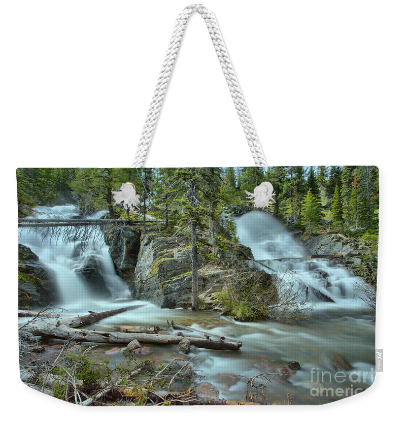 Twin Falls Weekender Tote Bag featuring the photograph 2 Medicine Twin Falls by Adam Jewell