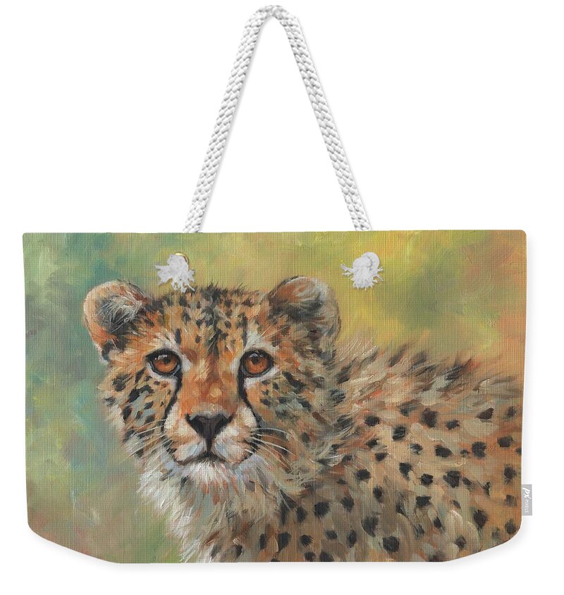 Cheetah Weekender Tote Bag featuring the painting Portrait of a Cheetah #2 by David Stribbling