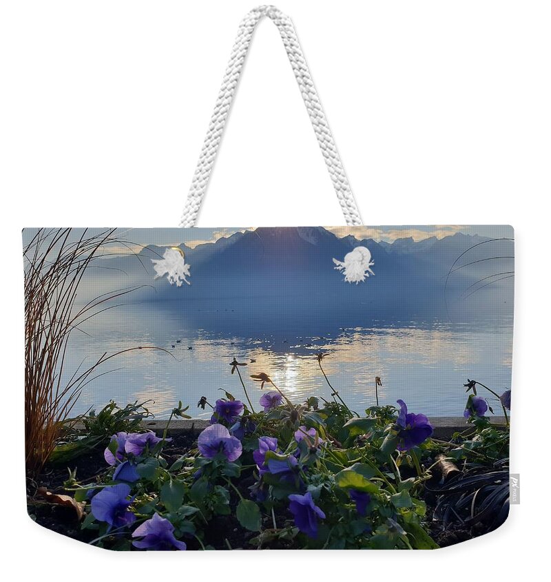 Lake Weekender Tote Bag featuring the photograph Purple Hue of Lake Geneva by Andrea Whitaker