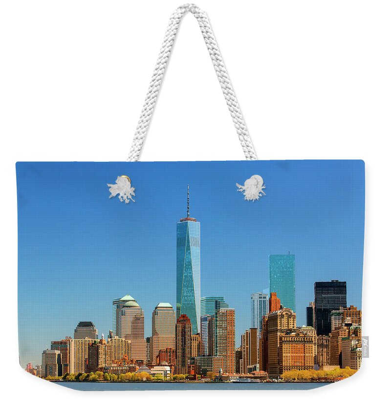 Lower Manhattan Weekender Tote Bag featuring the photograph Skyline Of New York With One World #2 by Sylvain Sonnet
