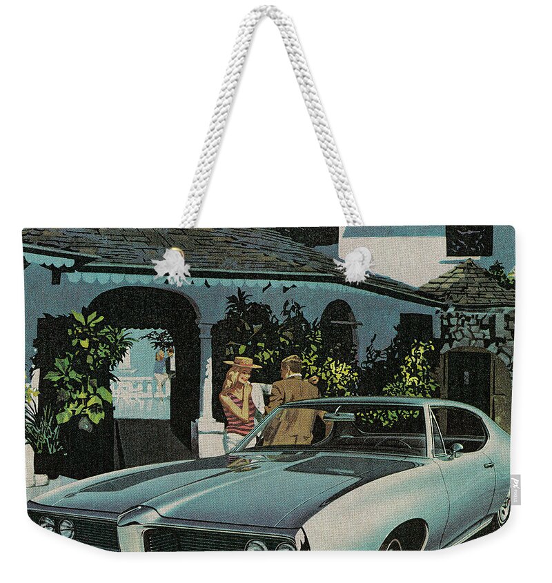 Auto Weekender Tote Bag featuring the drawing Vintage Blue Car #2 by CSA Images