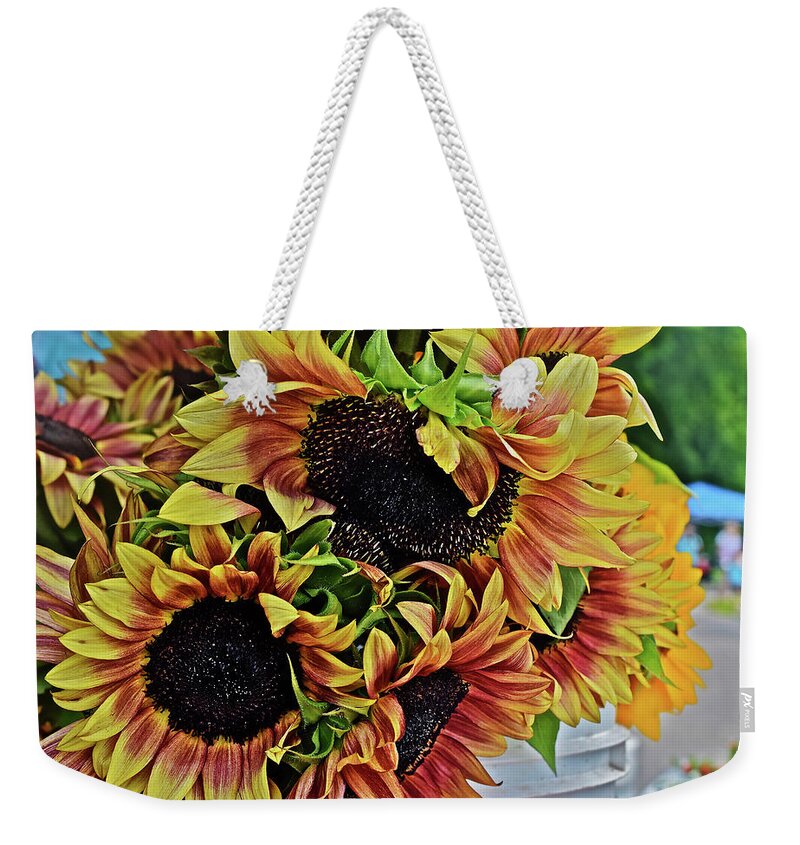 Flowers Weekender Tote Bag featuring the photograph 2019 Monona Farmers' Market July Sunflowers 2 by Janis Senungetuk