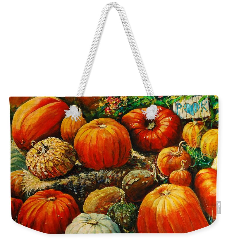 Pumpkin Weekender Tote Bag featuring the painting 25 Shades of Pumpkins by Cynthia Westbrook