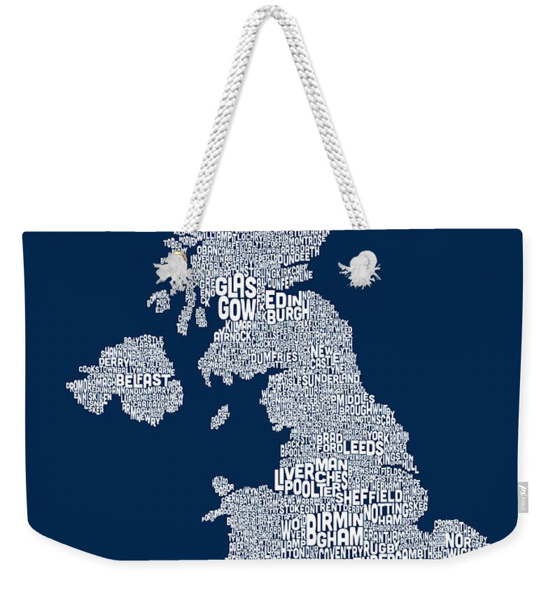 United Kingdom Weekender Tote Bag featuring the digital art Great Britain UK City Text Map #28 by Michael Tompsett