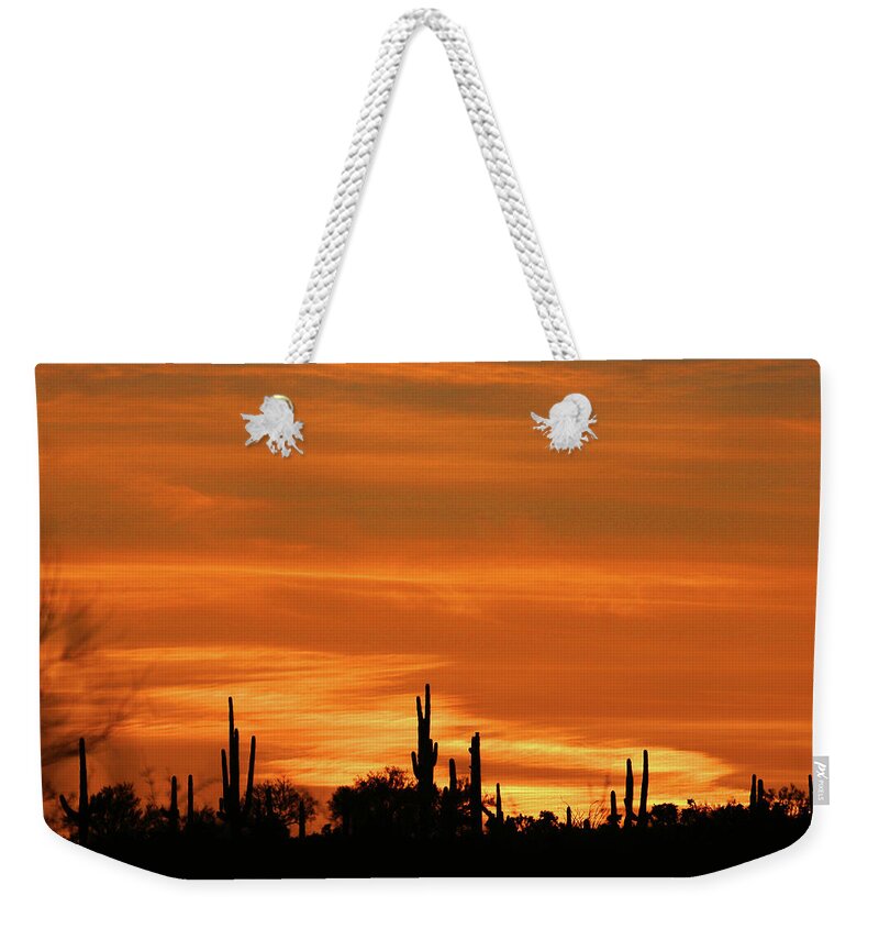 Arizona Saguaro Sunset Weekender Tote Bag featuring the digital art Arizona Saguaro Sunset #0229e by Tom Janca