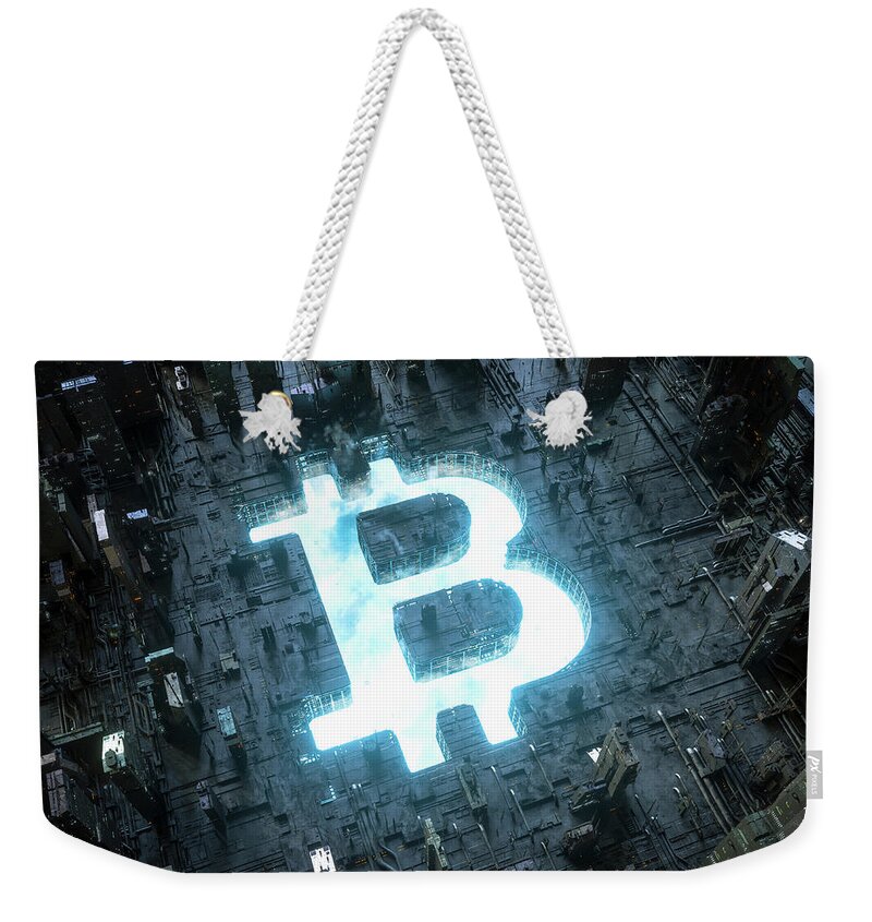 Access Weekender Tote Bag featuring the photograph Blue Sky Bitcoin Symbol Shining #3 by Ikon Images