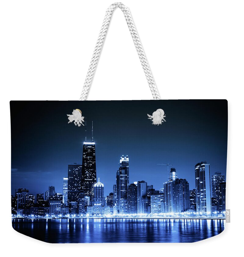 Lake Michigan Weekender Tote Bag featuring the photograph Chicago Skyline By Night #3 by Pawel.gaul