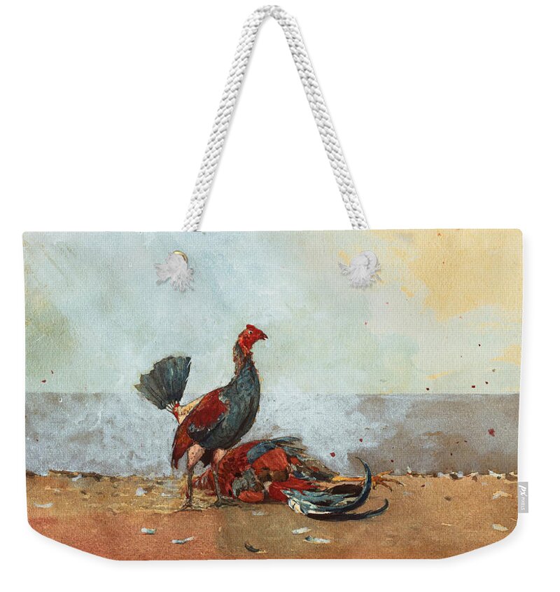 Winslow Homer Weekender Tote Bag featuring the drawing The Cock Fight #4 by Winslow Homer