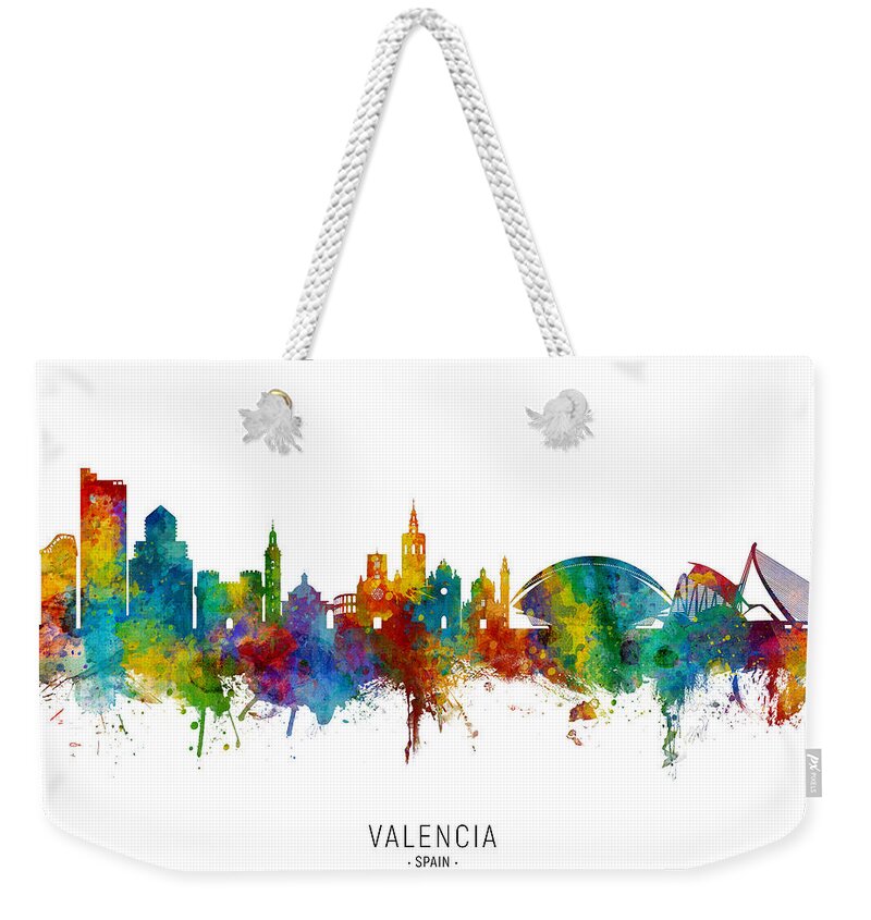 Valencia Weekender Tote Bag featuring the digital art Valencia Spain Skyline #3 by Michael Tompsett