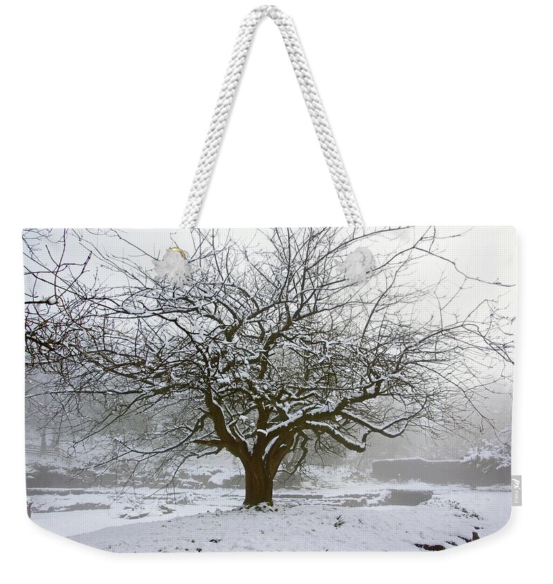 Rivington Weekender Tote Bag featuring the photograph 30/01/19 RIVINGTON. Japanese Pool. Snow Clad Tree. by Lachlan Main